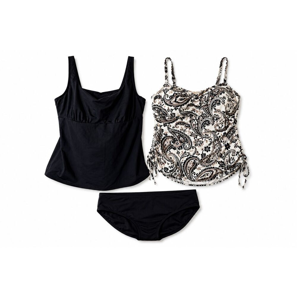 193. Lands' End 3 Pc Tankini Swim Set Black& Paisley Women's Mixed Sizes 12& 14